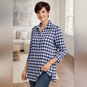 Talbots Navy White Gingham Tunic Top Side 3 Button Detail Cotton Blend Large